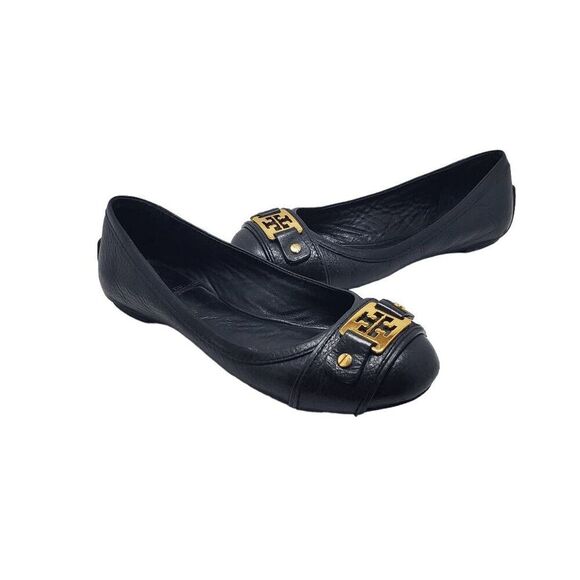 Tory Burch Women's Black Leather Clines Gold Buckle Slip On Flats 5 - Picture 5 of 10